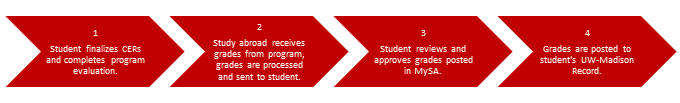 Graphic of grade processing steps. Step 1: Student finalizes CERs and completes program evaluation. Step 2: Study abroad receives grades from program, grades are processed and sent to student. Step 3: Student reviews and approves grades posted in MySA. Step 4: Grades are posted to student's UW-Madison Record.